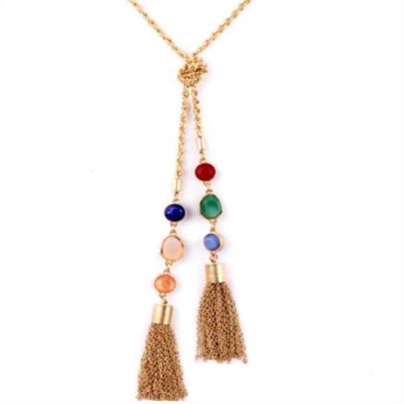 Gold necklace w/tassels & colored stones - Picture 2 of 7